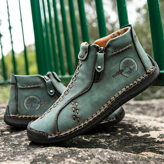 [Vintage Boots] KEZZLY Vintage Men's Zipper Boots | Round Toe Short Ankle Boots with Rubber Sole, All-Season Casual & Sporty Shoes for Outdoor Activities