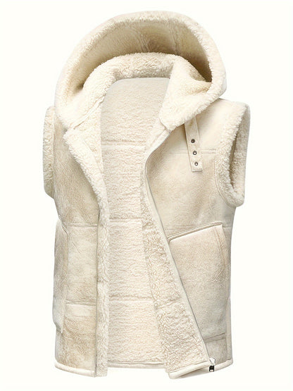 Men's Fleece-Lined Hooded Vest - Stylish Sleeveless Jacket with Zipper Pockets, Warm & Windproof for Casual Winter Wear, Olive Green, Daily Comfort Vest | Hooded Jacket | Functional Pockets