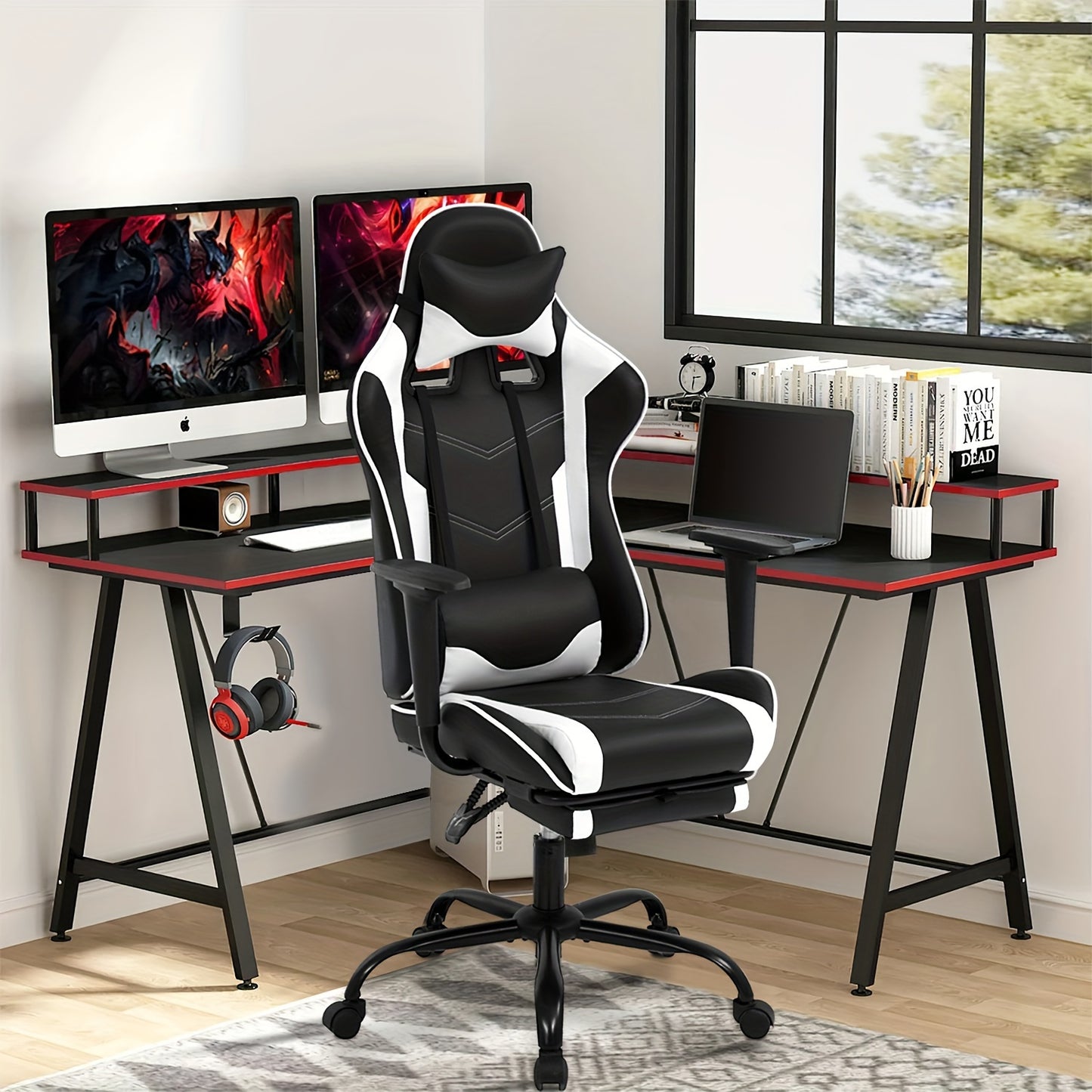 Ergonomic Office Gaming Chair, Video Game Chair with Footrest and Massage Lumbar Support, Ergonomic Computer Chair Height Adjustable with Swivel Seat and Headrest, White