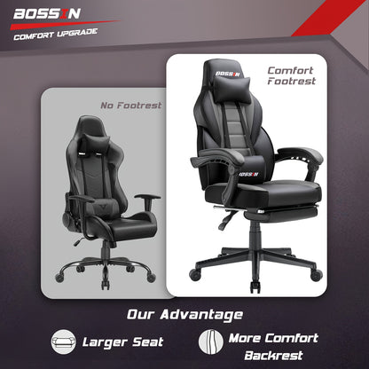 BOSSIN Gaming Chair With Massage, PU Leather Computer Desk Chair With Footrest And Headrest, Ergonomic Heavy Duty Design, Large Size High-Back E-Sports - For Gamers - Suitable for Long Hours of Gaming - Perfect Gift for Gamer