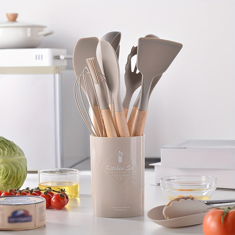 12/14pcs/set Premium Wooden Handle Silicone Kitchenware Set - Heat-Resistant, Non-Stick, Easy-to-Clean Cooking Tools for Baking, Cooking, and Serving - Durable, Versatile, and Space-Saving Kitchen Essentials