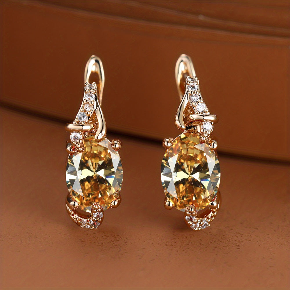 Women's 18K Gold Plated Blue Stone Stud Earrings - Elegant Round Oval Cut, Synthetic Cubic Zirconia, Copper Ear Needle - All-Season Jewelry | Trendy Design | Durable Plating