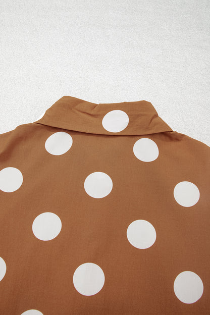 Brown Polka Dot Button Front Long Sleeve Shift Dress