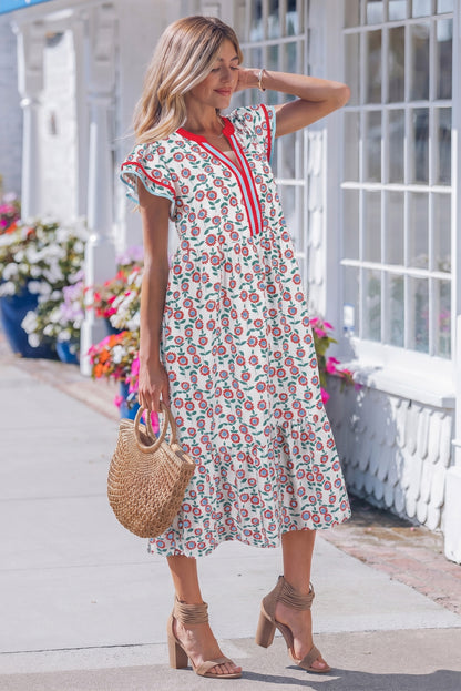 Red Cute Sunflower Printed Striped Patchwork Trim Flutter Sleeve Long Dress