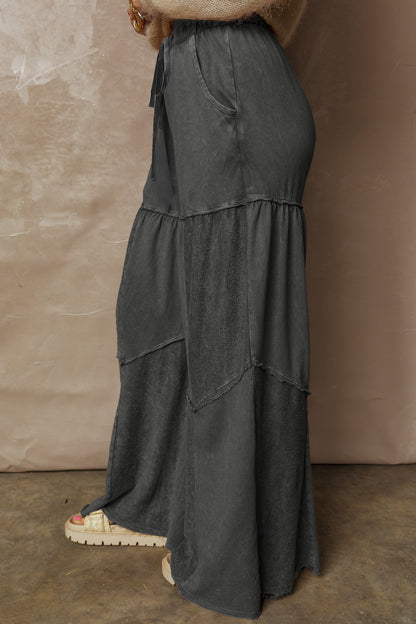 Vineyard Green Mineral Wash Tiered Wide Leg Patchwork Drawstring Pants