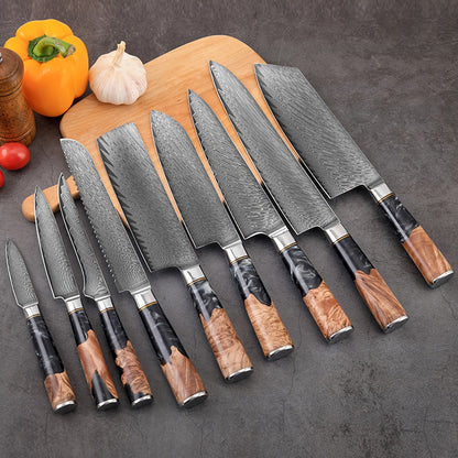 Damascus Steel Black Resin Handle Kitchen Knives. Chef's Knife, Bread Knife, Meat Cutter, Multipurpose Knife, Paring Knife, Paring Knife. Light And Easy To Use, Easy To Clean, Simple And Generous. Good Kitchen Help