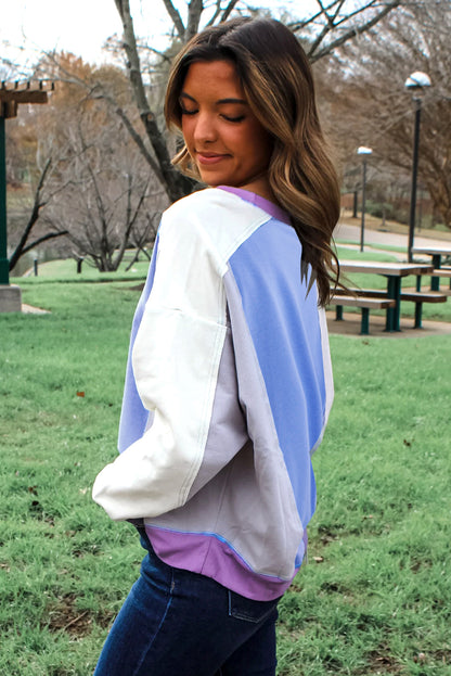 Blue Exposed Seam Colorblock Patchwork Ribbed Trim Pullover Sweatshirt