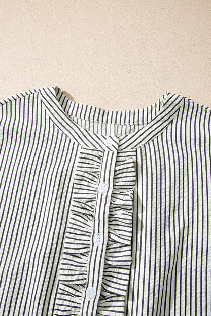 Black Stripe Frilled Detail Half Buttons Short Sleeve Long Dress