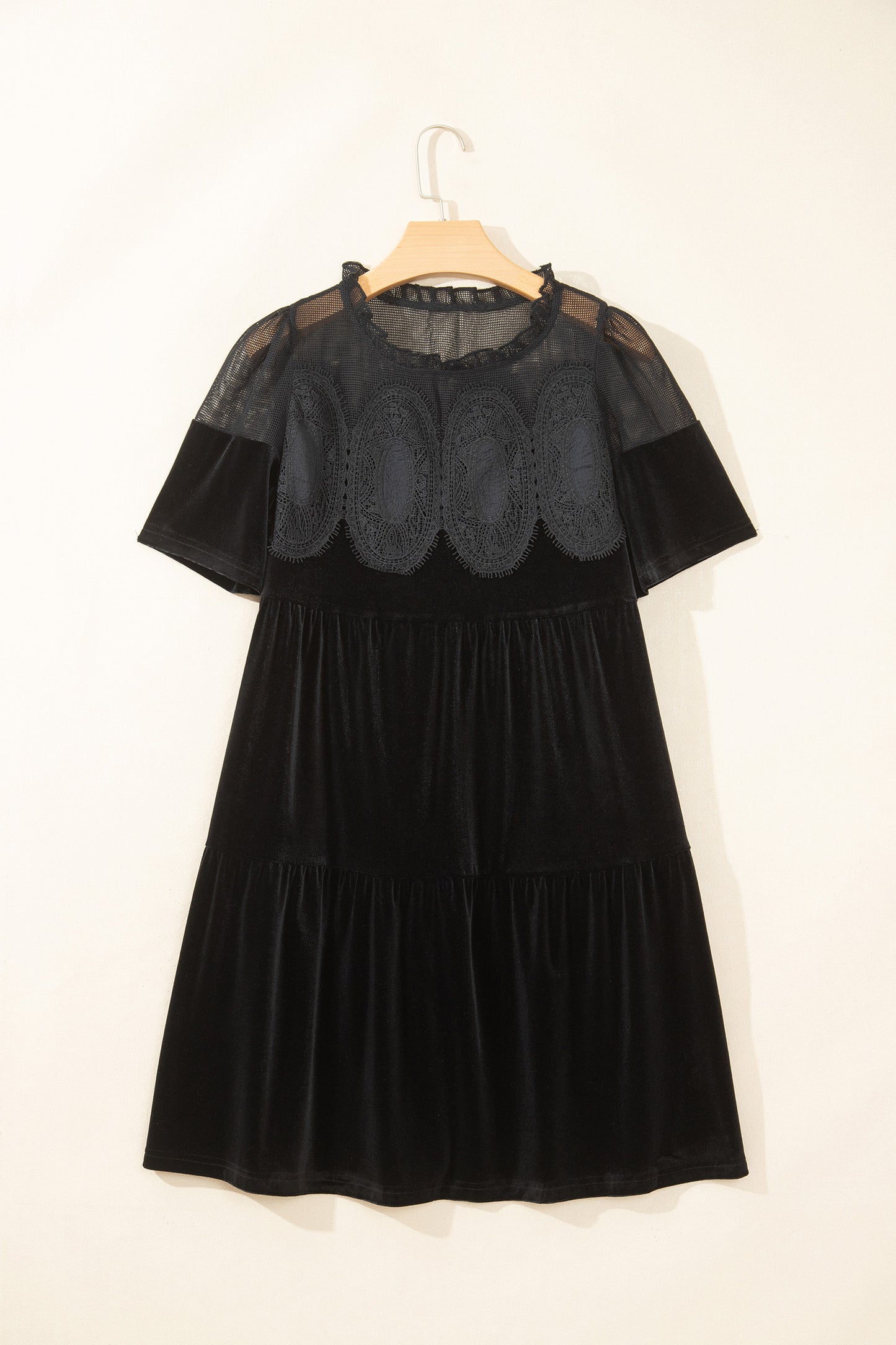 Black Embroidered Velvet Short Sleeve Mini Shift Dress