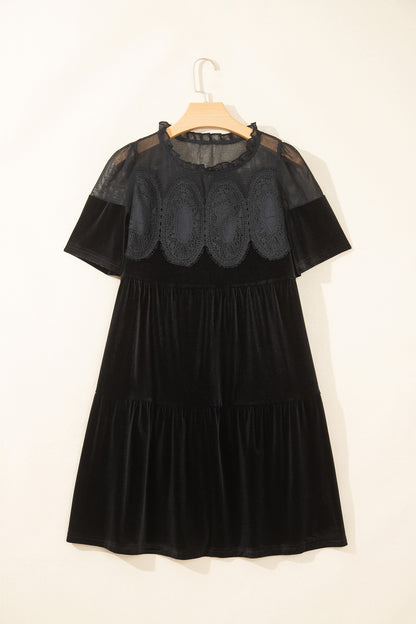 Black Embroidered Velvet Short Sleeve Mini Shift Dress