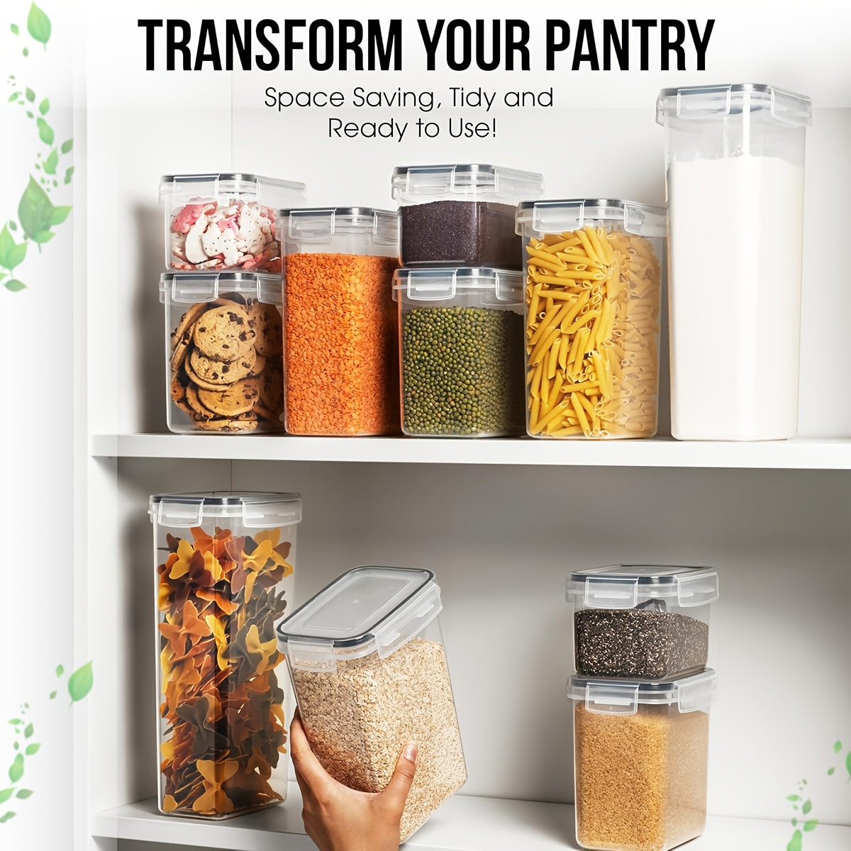 Set of Sealed Kitchen Storage Containers in Various Sizes, Free from BPA, Designed for Organizing Items Like Pasta, Snacks, Sugar, And Grains, Ensuring for longer Freshness