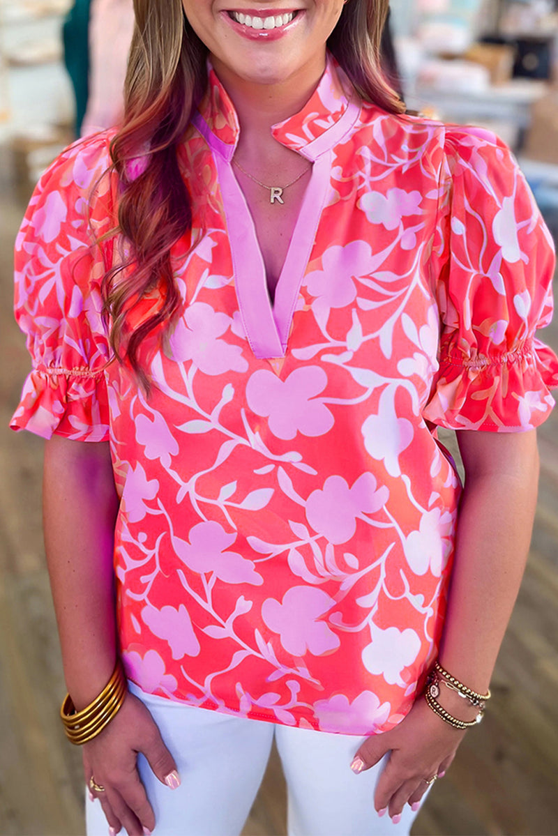 Red Floral Split V Neck Ruffled Short Sleeve Blouse Top