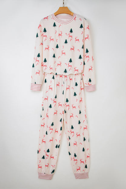 Pink Bow Christmas Tree Print Contrast Striped Banding 2pcs Lounge Set