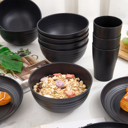 Premium Family Outdoor Dinnerware Set - 16 Unbreakable Pieces, Microwave - and Dishwasher - Safe, Black Set with 8 Plates, 4 Bowls and 4 Cups