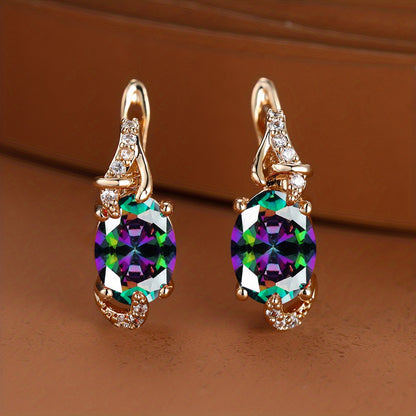 Women's 18K Gold Plated Blue Stone Stud Earrings - Elegant Round Oval Cut, Synthetic Cubic Zirconia, Copper Ear Needle - All-Season Jewelry | Trendy Design | Durable Plating