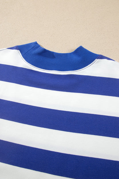 Blue Stripe Colorblock Mock Neck Relaxed Sweatshirt