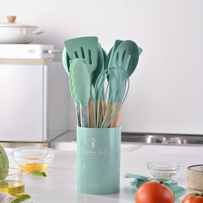 [Non-stick Pot Baking Set] Brodark 12pcs Set, Wooden Handle Silicone Kitchenware Set, Kitchen Baking Cooking Tools Set High Temperature Resistant Non-stick Pot Special Kitchenware, Kitchen Stuff Baking Supplie