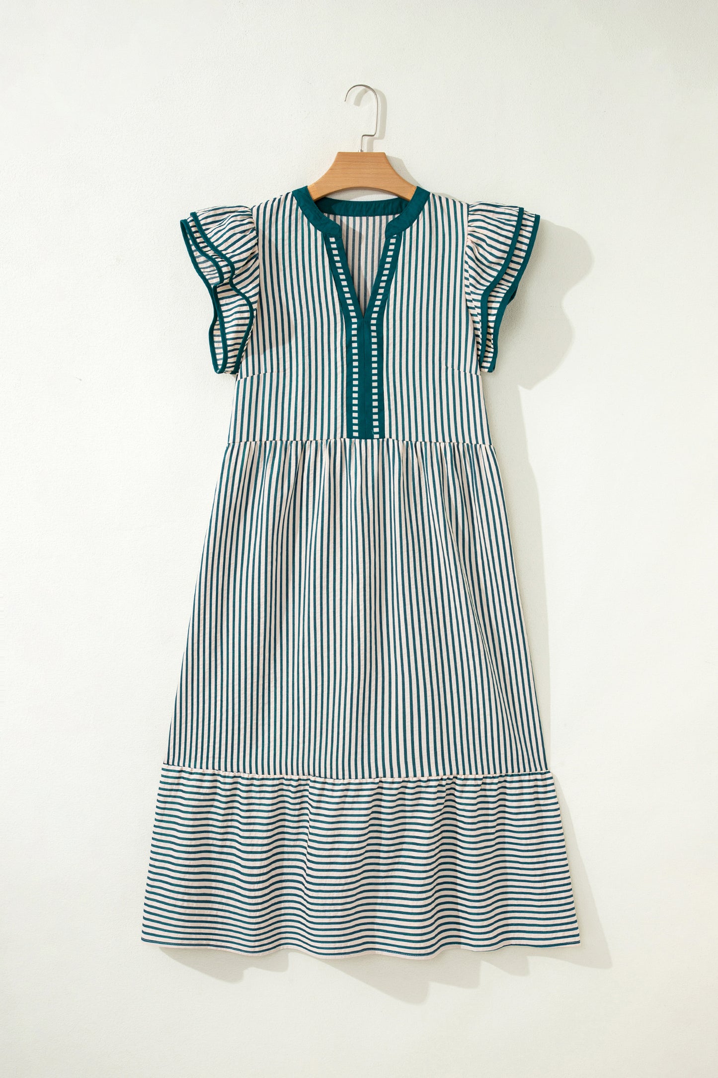 Green Stripe Double Ruffled Short Sleeve Contrast Trim V Neck Midi Dress
