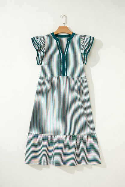 Green Stripe Double Ruffled Short Sleeve Contrast Trim V Neck Midi Dress