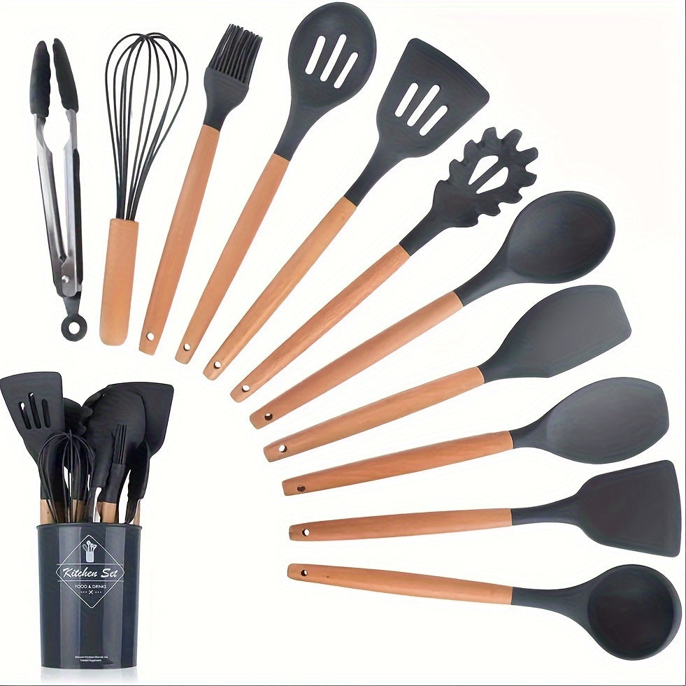 12/pcs, 37pcs, BPA FREE Silicone Cooking Utensils Set With Wooden Handle, Colorful Non-stick Pot Special Cooking Tools Set, Heat Resistant Turner, Tongs, Spatula, Spoon, Oil Brush And Whisk, Kitchen Supplies, Kitchen Supplies