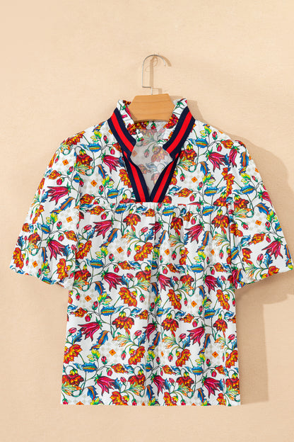 Multicolour Contrasted V Neckline Floral Puff Short Sleeve Blouse