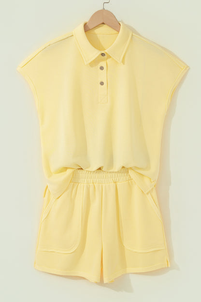 Mist Blue Loose Polo Tee Elastic Waist 2pcs Short Set