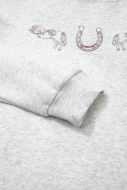 Light Grey Western Print Embroidered Casual Sweatshirt
