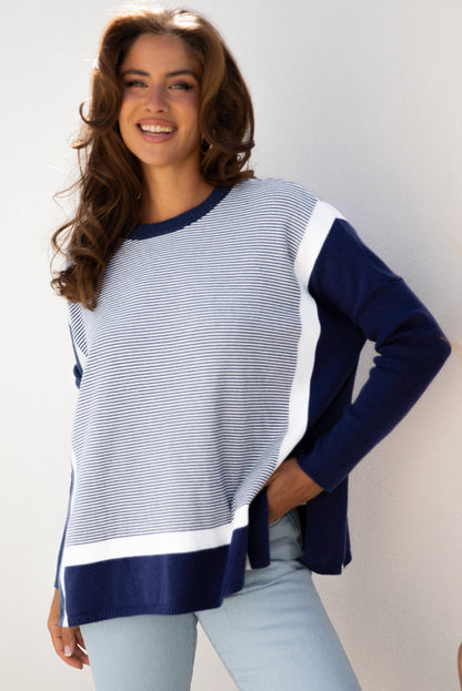 Green Stripe Color Block Patchwork Dolman Oversize Tunic Sweater