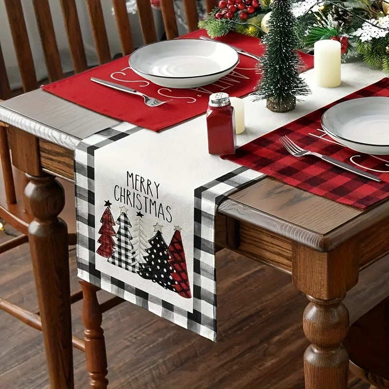 1pc Waterclor Buffalo Plaid Christmas Trees Merry Xmas Table Runner, Seasonal Winter Holiday Kitchen Dining Table Decoration for Indoor Outdoor Home Party Decor 13x48 Inch/13x72 Inch/13x108 Inch