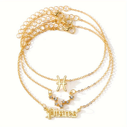 3 Pieces/ Set Golden Zodiac Anklets Set, Bohemian Elegant Ladies Multi-Piece Chain, Fashion Astrological Sign Charms For Women