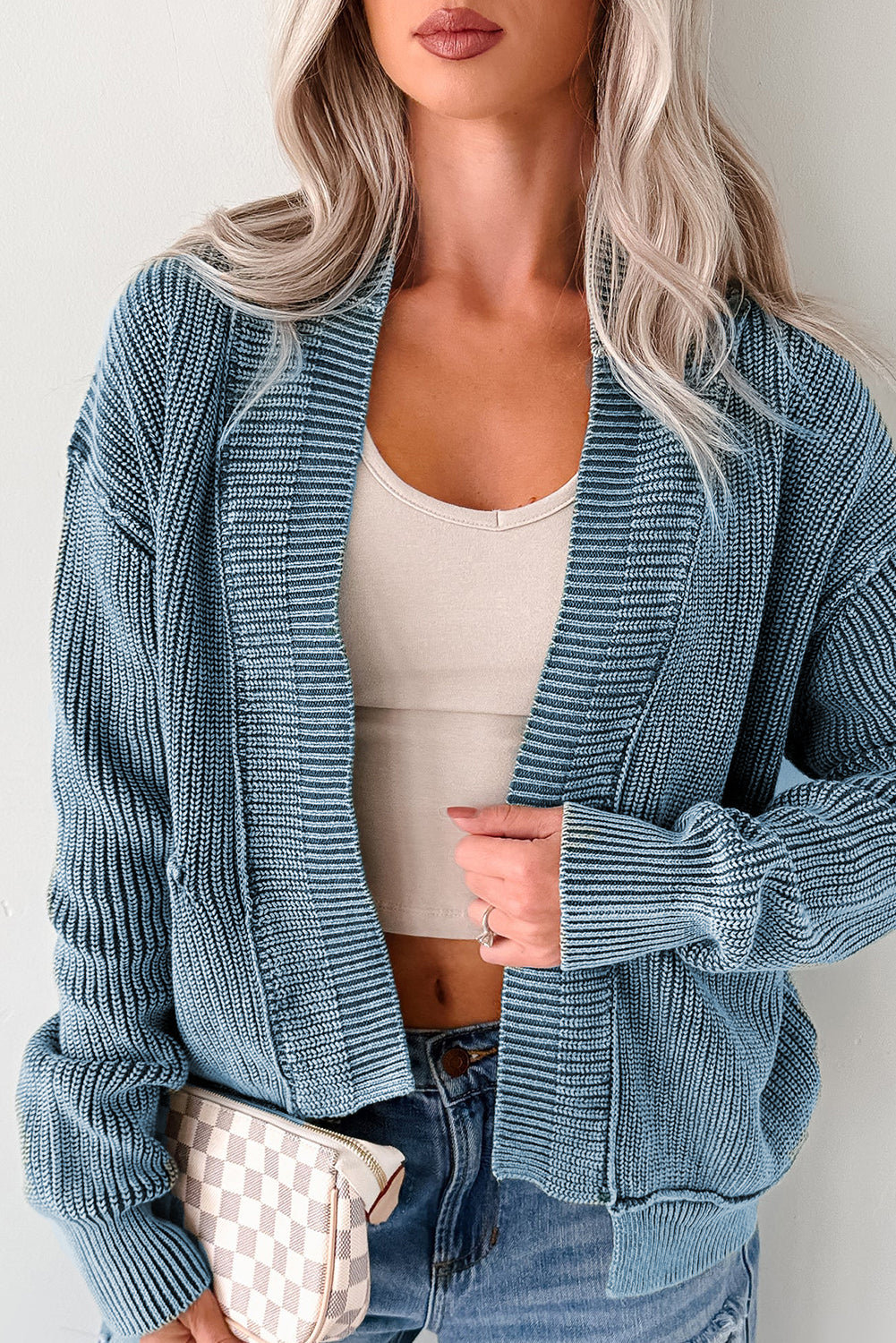 Chestnut Mineral Wash Exposed Seam Patchwork Knit Open Sweater Cardigan