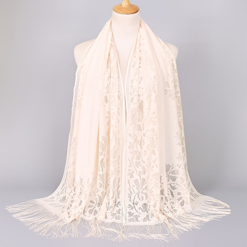 [Floral Lace Scarf With Tassels] Ladies Women's Floral Lace Scarf Shawl With Tassels, Soft Mesh Fringe Wraps Bridal Shawl For Wedding Evening Party Dresses