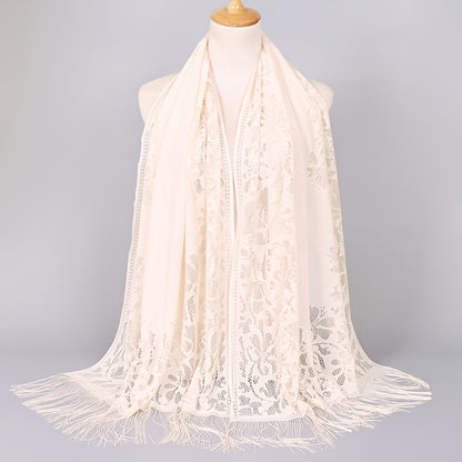 [Floral Lace Scarf With Tassels] Ladies Women's Floral Lace Scarf Shawl With Tassels, Soft Mesh Fringe Wraps Bridal Shawl For Wedding Evening Party Dresses