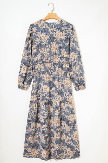 Sky Blue Floral Print Smocked High Waist Long Sleeve Maxi Dress