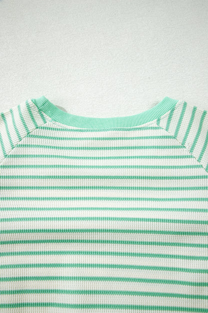 Green Stripe Colorblock Trim Round Neck Short Sleeve Tee