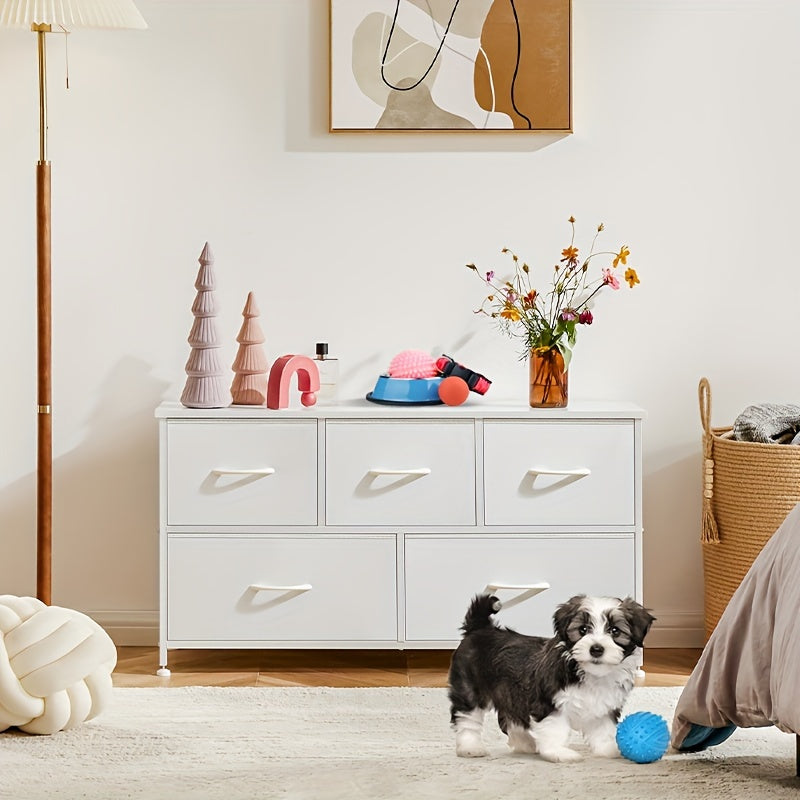 5 Drawers Pet Storage Furniture, Fabric Drawer Storage Cabinet for Pet Toys, Cloths, Foods, Storage Chest Organizer Units, Chest of Drawers with Fabric Bins, Metal Frame, Lightweight, Wear-Resistant for Dog Cat Pet Use