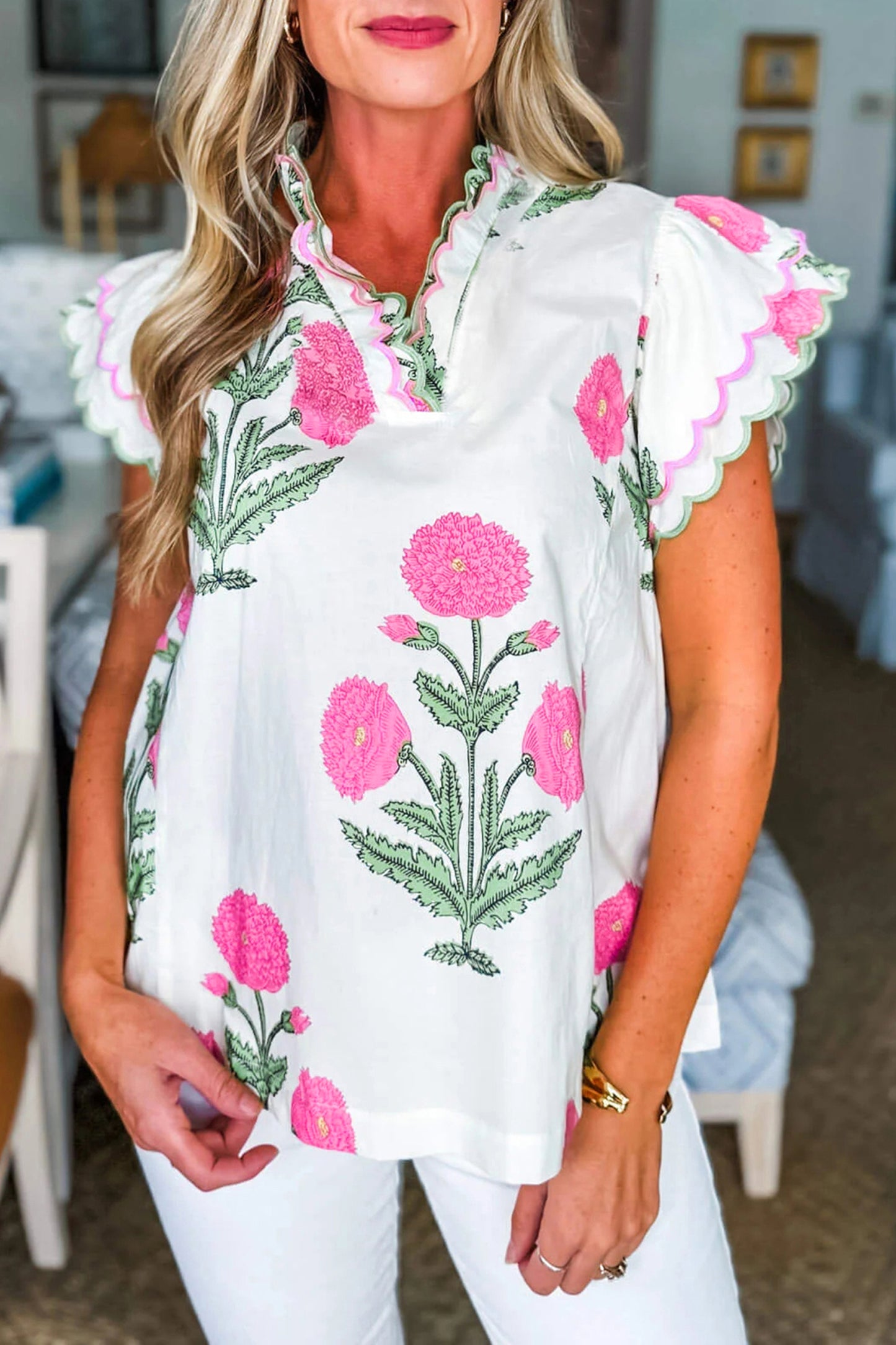 Pink Wild Flower Print Contrast Trim Scallop Detail Short Sleeve Blouse