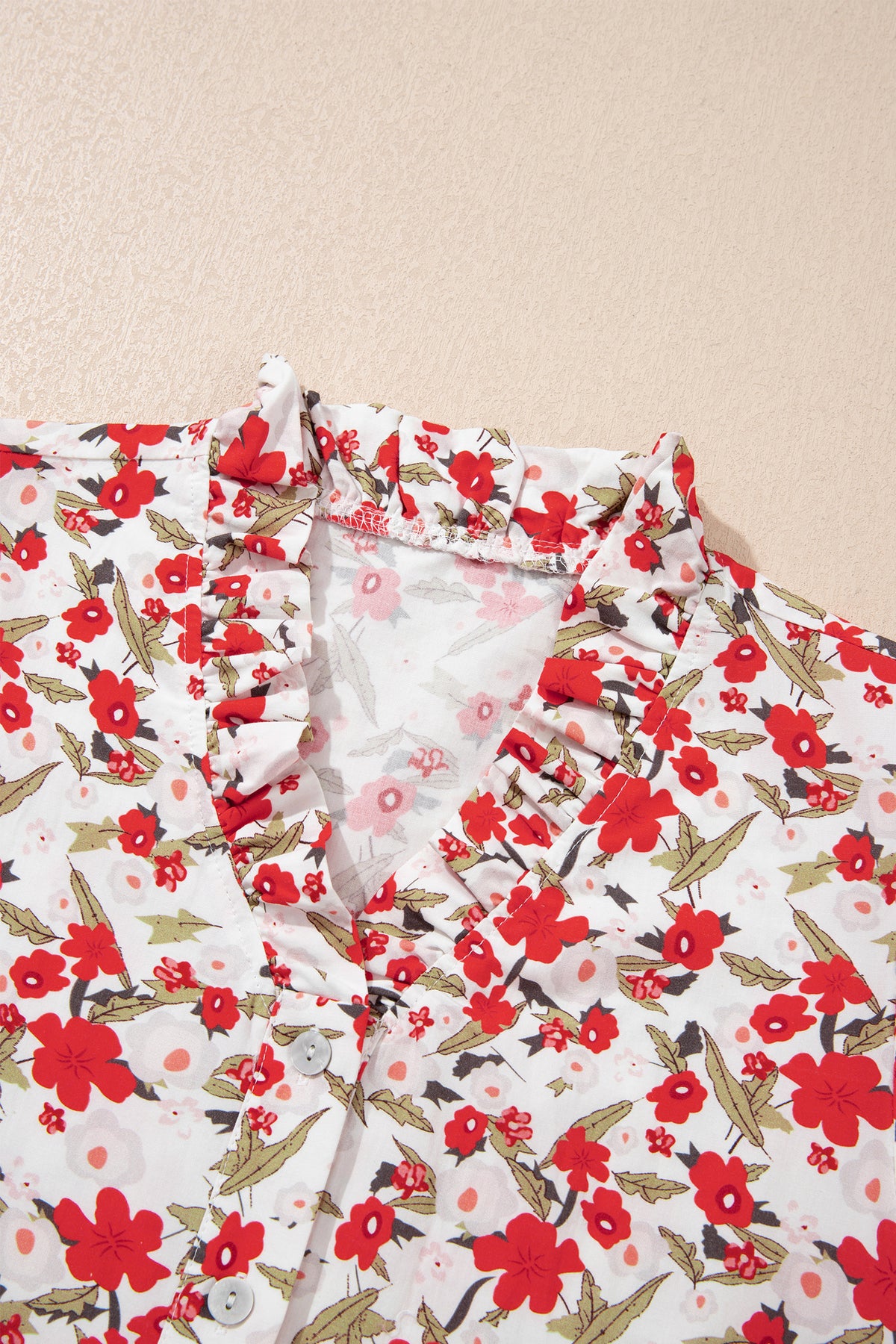 Red Floral Print Short Puff Sleeve Button Front Shirt