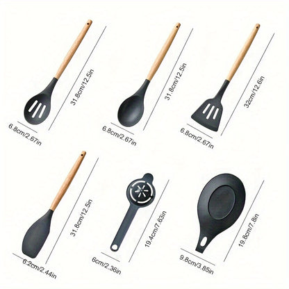 34pcs/set, Wooden Handle Silicone Kitchenware Set, Kitchen Baking Cooking Tools Set High Temperature Resistant Non-stick Pot Special Kitchenware, Kitchen Stuff Baking Supplies