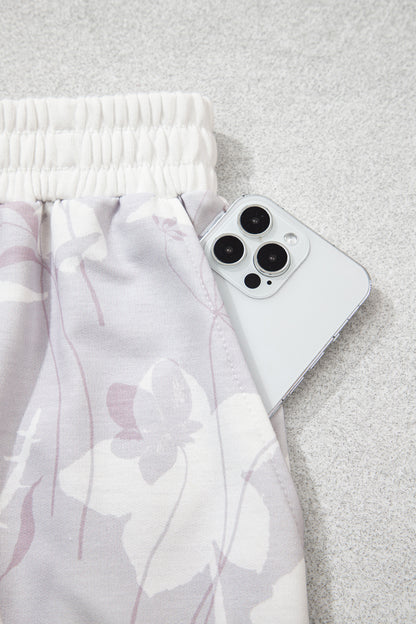 Gray Floral Print Wide Leg Ankle-Length Elastic Waistband Pants