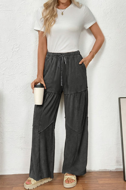 Vineyard Green Mineral Wash Tiered Wide Leg Patchwork Drawstring Pants
