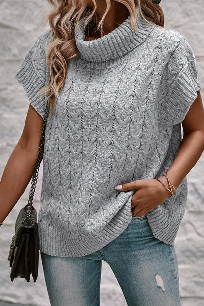 Light French Beige Cable Knit Turtleneck Batwing Sleeve Sweater