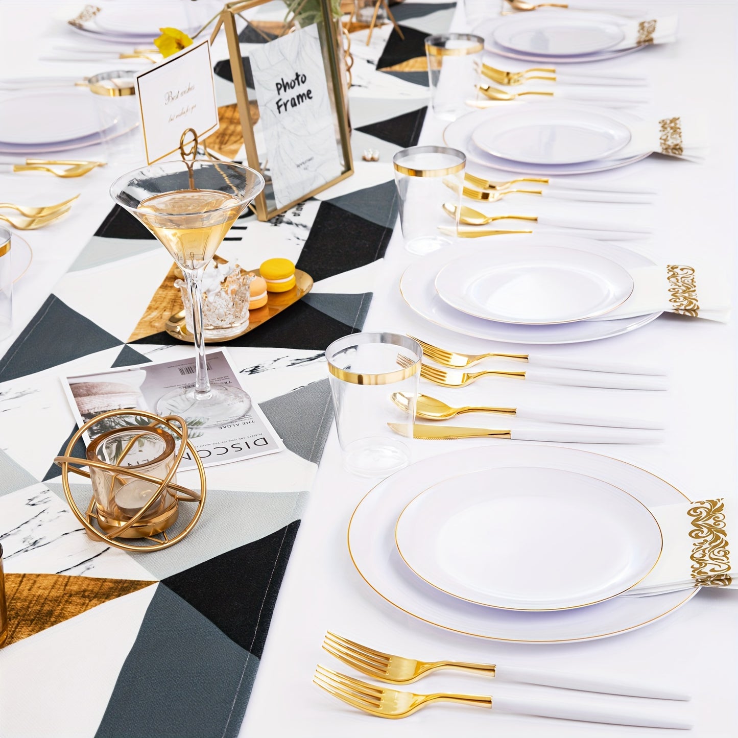 700pcs Golden Disposable Dinnerware Set, White Plastic Plates, Disposable Heavy Duty Tableware Set, Include 100 Golden Dinner Plates, 100 Dessert Plates, 300 Rolled Napkins With Golden Plastic Cutlery, 100 Plastic Cups, Party