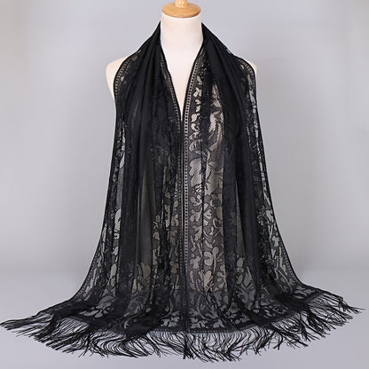[Floral Lace Scarf With Tassels] Ladies Women's Floral Lace Scarf Shawl With Tassels, Soft Mesh Fringe Wraps Bridal Shawl For Wedding Evening Party Dresses