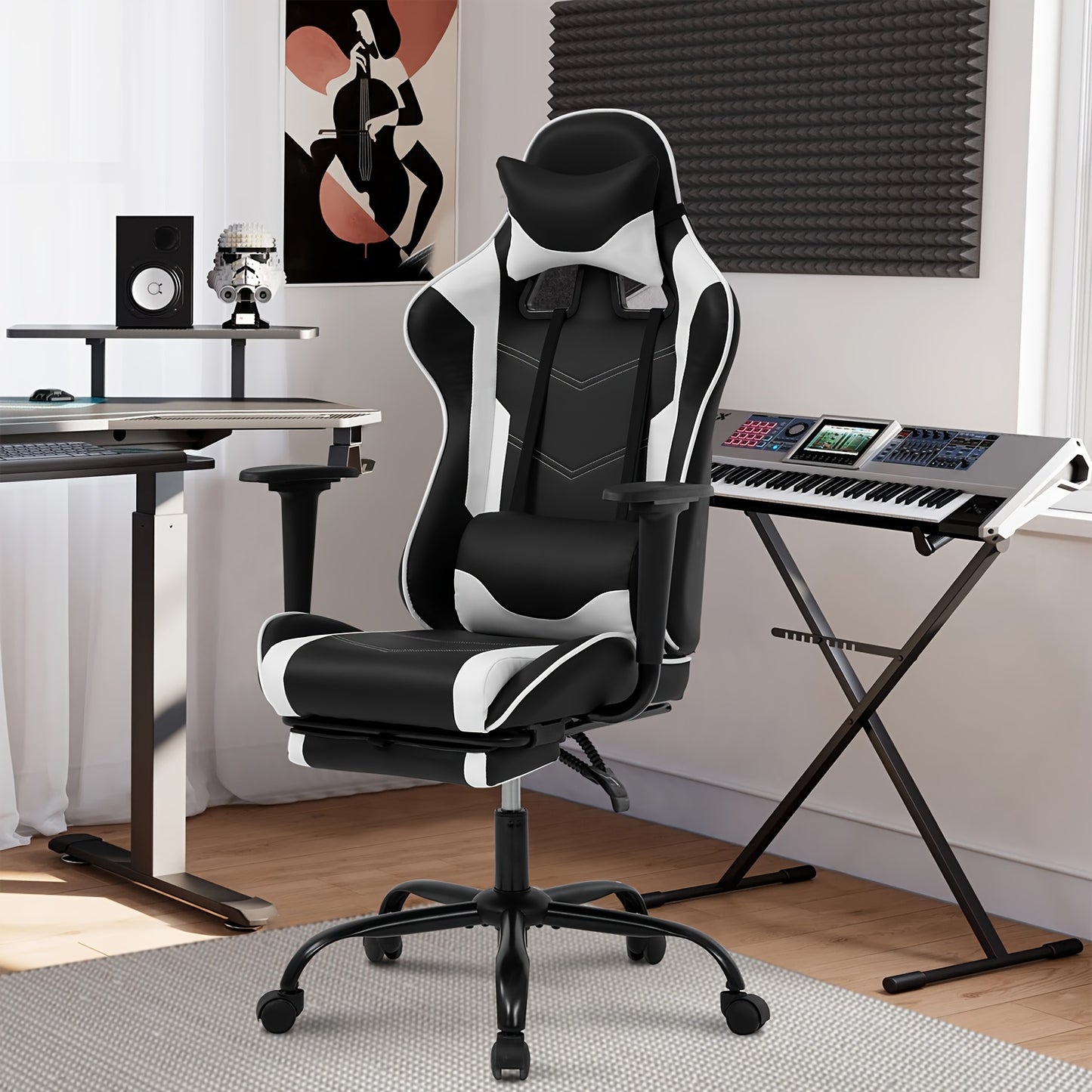 Ergonomic Office Gaming Chair, Video Game Chair with Footrest and Massage Lumbar Support, Ergonomic Computer Chair Height Adjustable with Swivel Seat and Headrest, White
