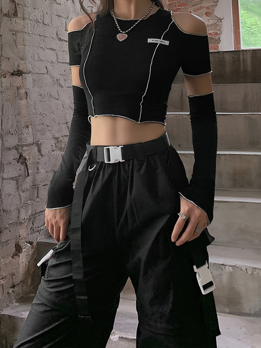 Off Shoulder Hollow Crew Neck T-shirt, Casual Loose Long Sleeve Fashion Summer Slim Bottoming T-Shirts Tops, Women's Clothing