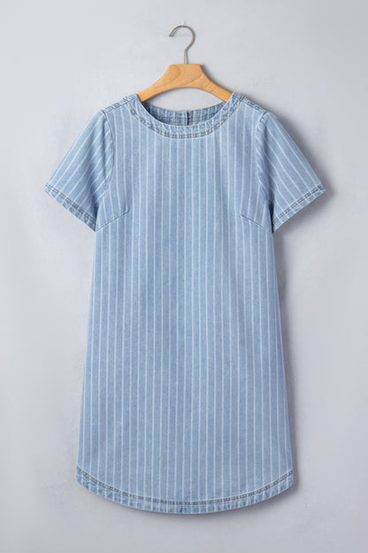 Sky Blue Stripe Buttoned Back T-Shirt Denim Mini Dress