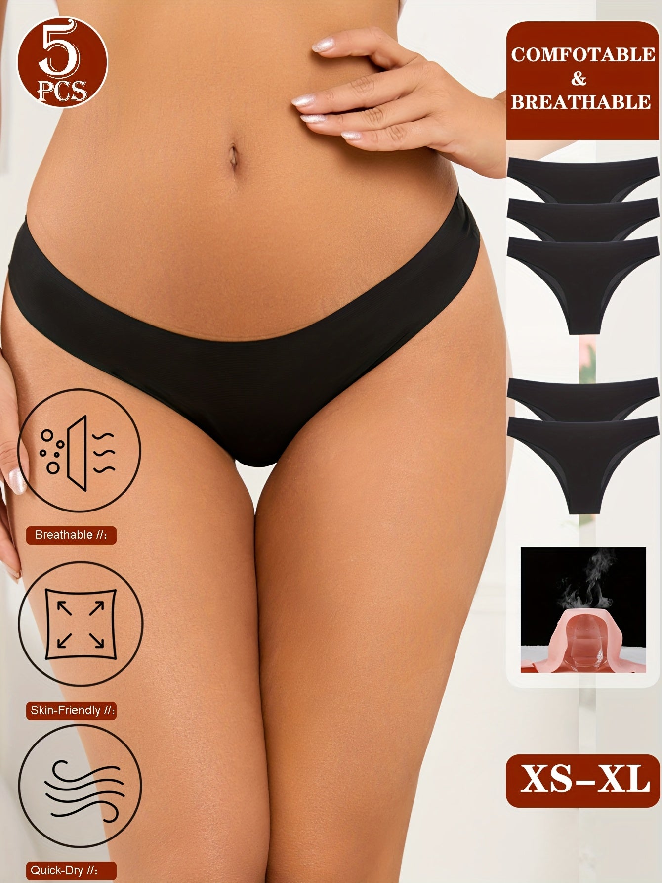 5pcs Women'S Seamless Bikini Underwear - Breathable, Quick-Dry, Comfort Fit, Low-Rise, Solid, 5 Styles for Everyday & Special Occasions, Bikini Bottoms, Everyday Underwear, Minimalist Design, Smooth Texture