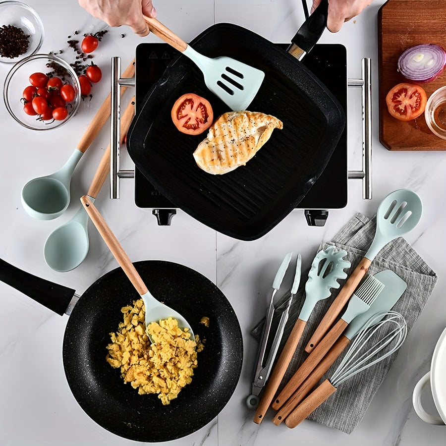 12pcs/set, Brodark, Silicone Cooking Utensils Set With Wooden Handle, Colorful Non-stick Pot Special Cooking Tools Set, Heat Resistant Turner, Tongs, Spatula, Spoon, Oil Brush And Whisk, Kitchen Supplies, Suitable For Restaur