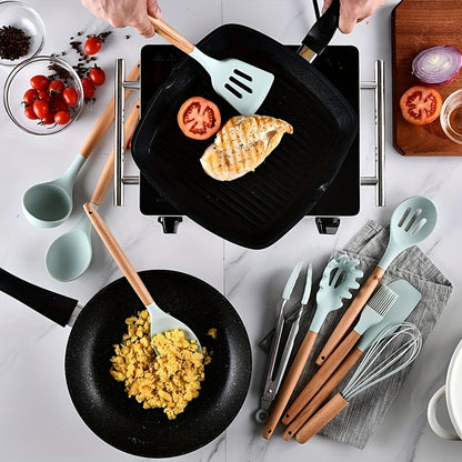 12pcs/set, Brodark, Silicone Cooking Utensils Set With Wooden Handle, Colorful Non-stick Pot Special Cooking Tools Set, Heat Resistant Turner, Tongs, Spatula, Spoon, Oil Brush And Whisk, Kitchen Supplies, Suitable For Restaur